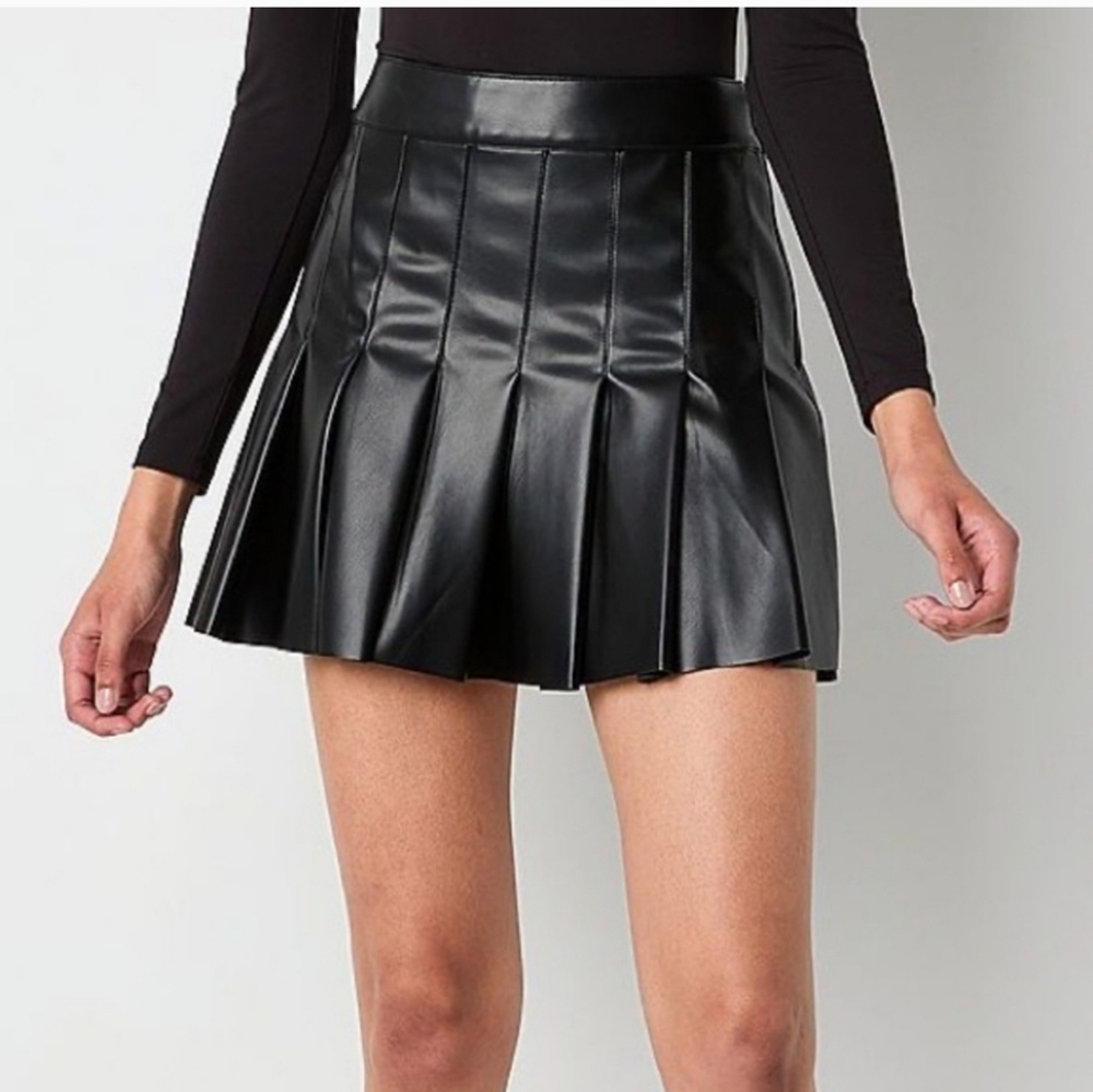 ARIZONA Womens Juniors Black Faux Leather Pleated Tennis Mini Skirt LARGE